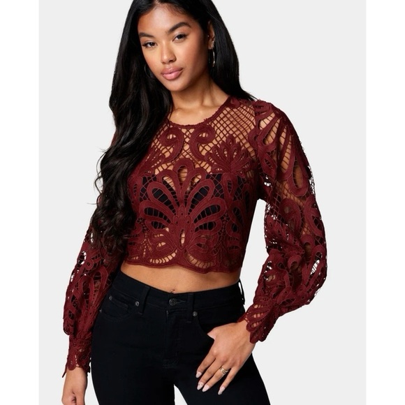 bebe Tops - BEBE Red Bloodstone Placement Lace Crochet Women’s Blouse Sz S